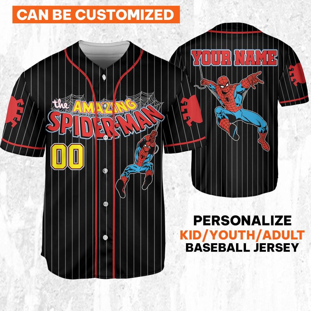 Personalize The Amazing Spider-Man Uniform Baseball Style Black, Superhero Jersey Team, Hero Jersey Gift, Spider-Man Baseball Team Outfit