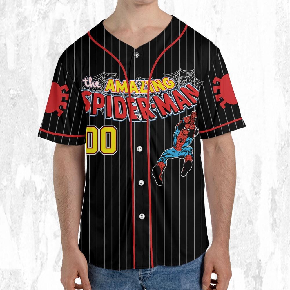 Personalize The Amazing Spider-Man Uniform Baseball Style Black, Superhero Jersey Team, Hero Jersey Gift, Spider-Man Baseball Team Outfit