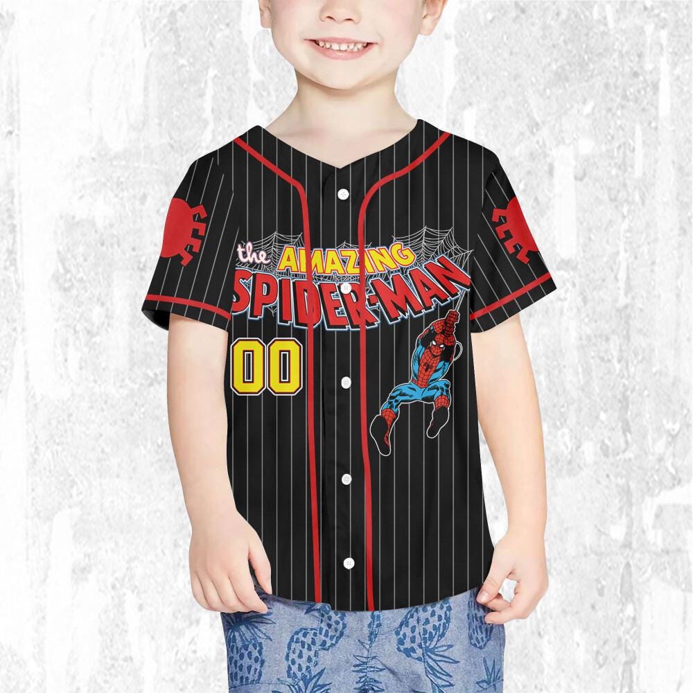 Personalize The Amazing Spider-Man Uniform Baseball Style Black, Superhero Jersey Team, Hero Jersey Gift, Spider-Man Baseball Team Outfit