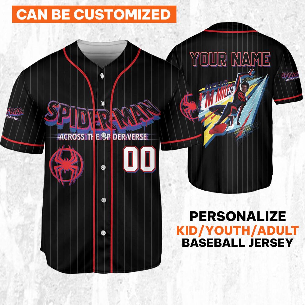 Personalize Spider Man Across The Spider-Verse Hello I'm Miles, Superhero Jersey Team, Spider-Man Baseball Team, Disney Baseball Jersey