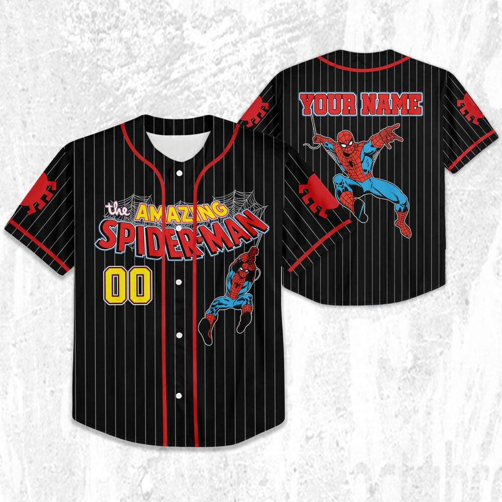Personalize The Amazing Spider-Man Uniform Baseball Style Black, Superhero Jersey Team, Hero Jersey Gift, Spider-Man Baseball Team Outfit
