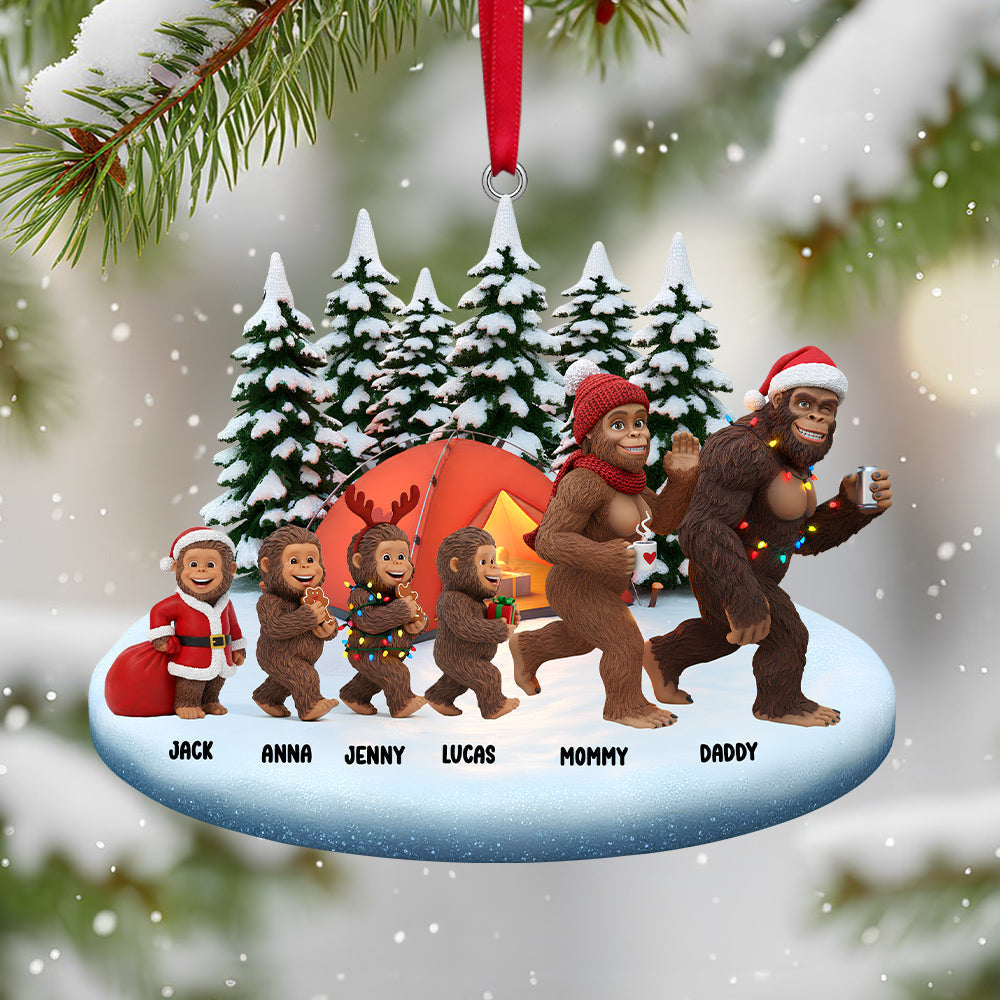 Sasquatch Family Christmas Ornament hanging on tree