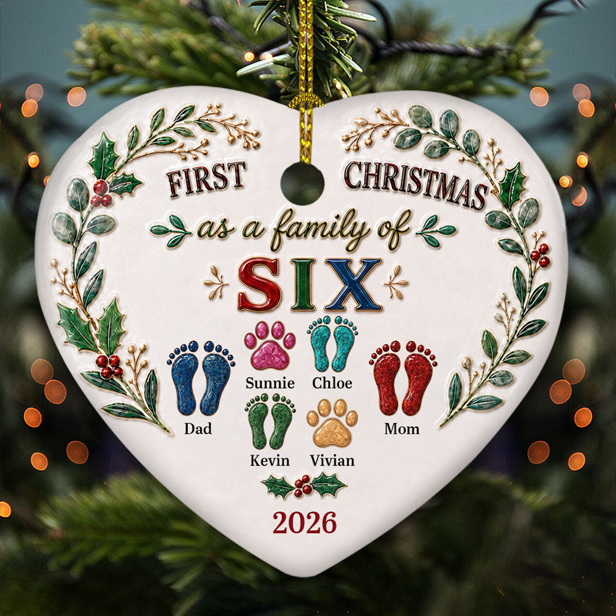Our First Christmas 2026 personalized heart ceramic ornament