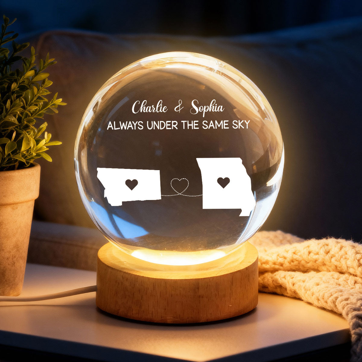 Long Distance Couple State Maps - Personalized Crystal Ball LED Night Light