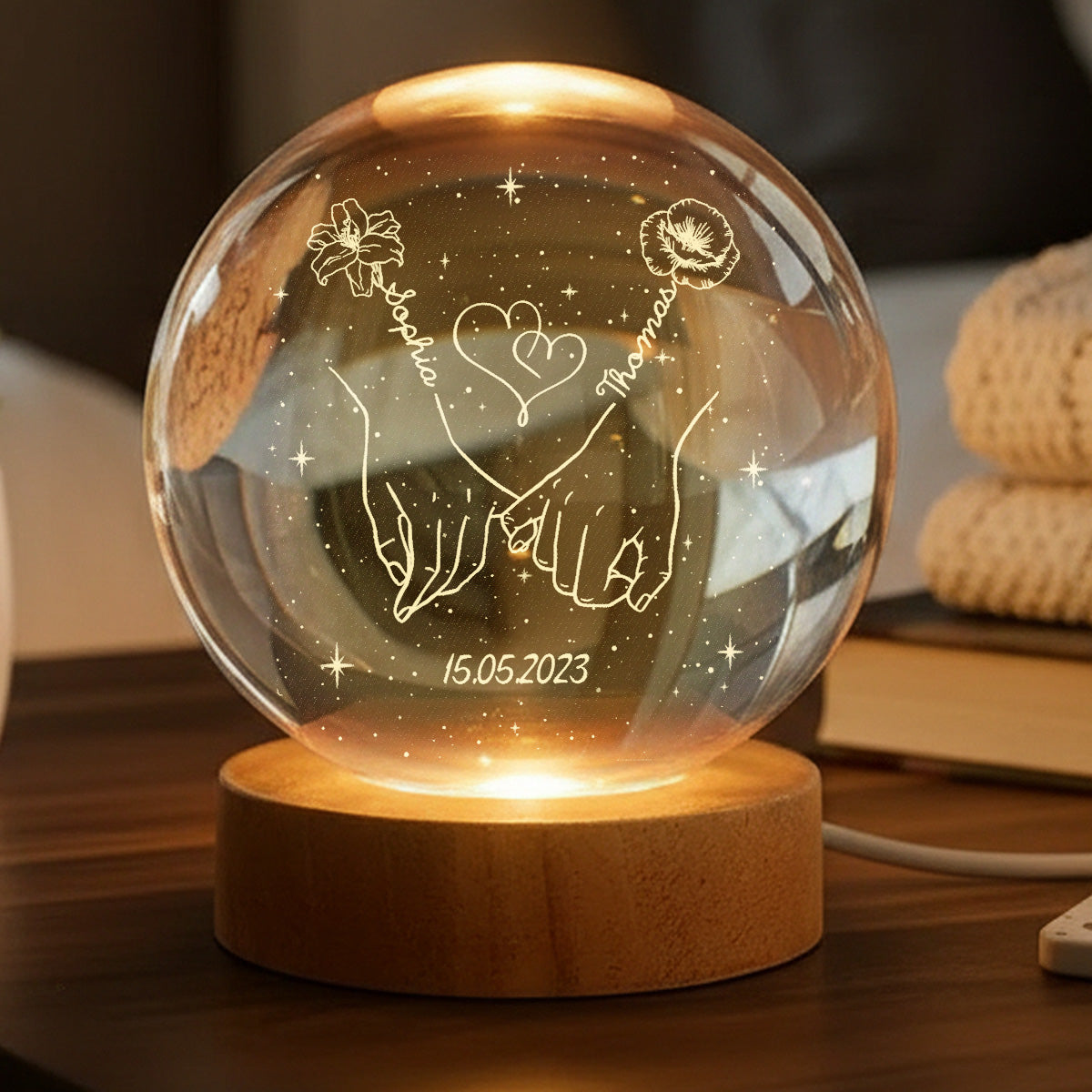 Eternal Love Couple Holding Hands Custom Birth Month Flowers - Personalized Crystal Ball LED Night Light