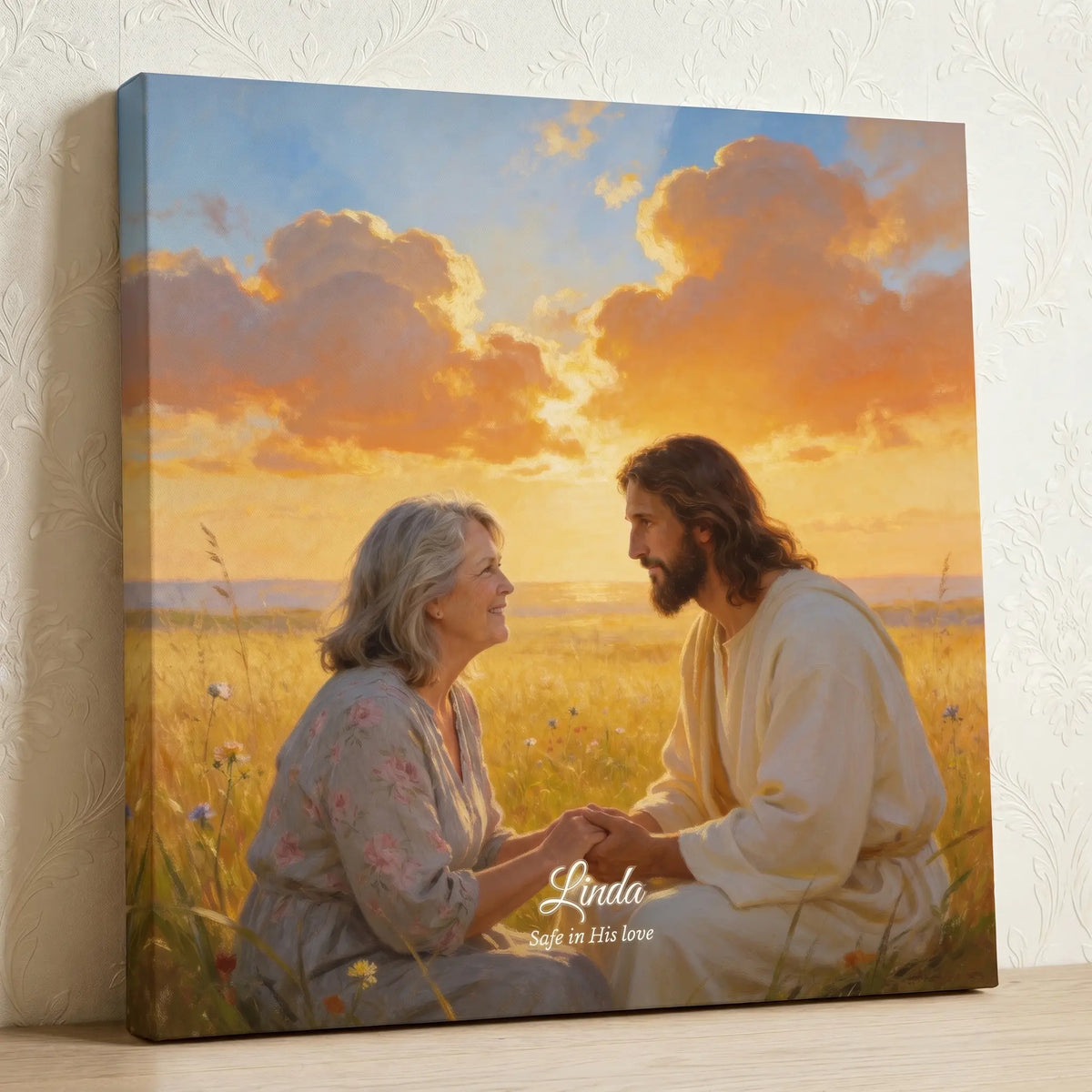 Memorial portrait of a grandmother sitting with Jesus at sunset with a name and short message
