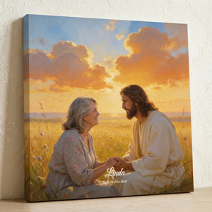 Memorial portrait of a grandmother sitting with Jesus at sunset with a name and short message