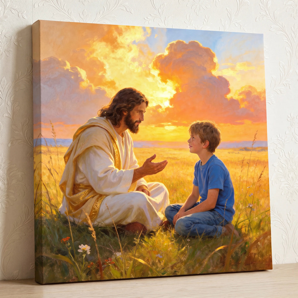Personalized Jesus teaching portrait of a boy sitting with Jesus in a golden meadow at sunset