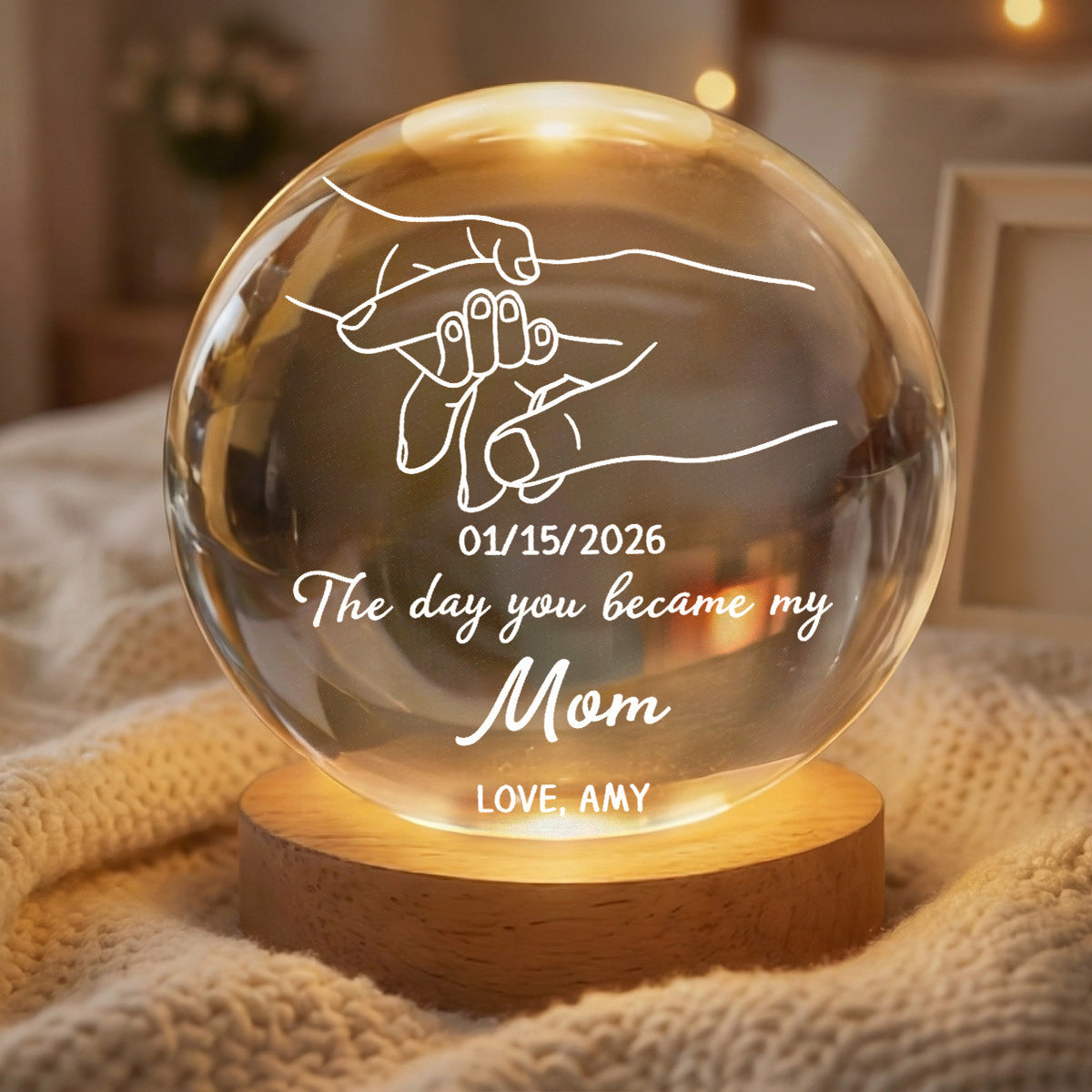 The Day You Became My Mom Mummy Holding Hand First Mother's Day - Personalized Crystal Ball LED Night Light