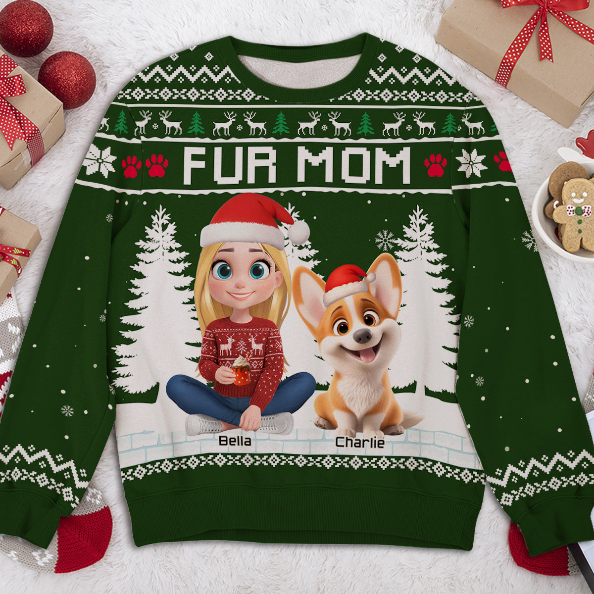 Christmas With Fur My Mom Dad Cartoon - Personalized All-Over-Print Sweatshirt - Christmas Gift For Mom, Dad