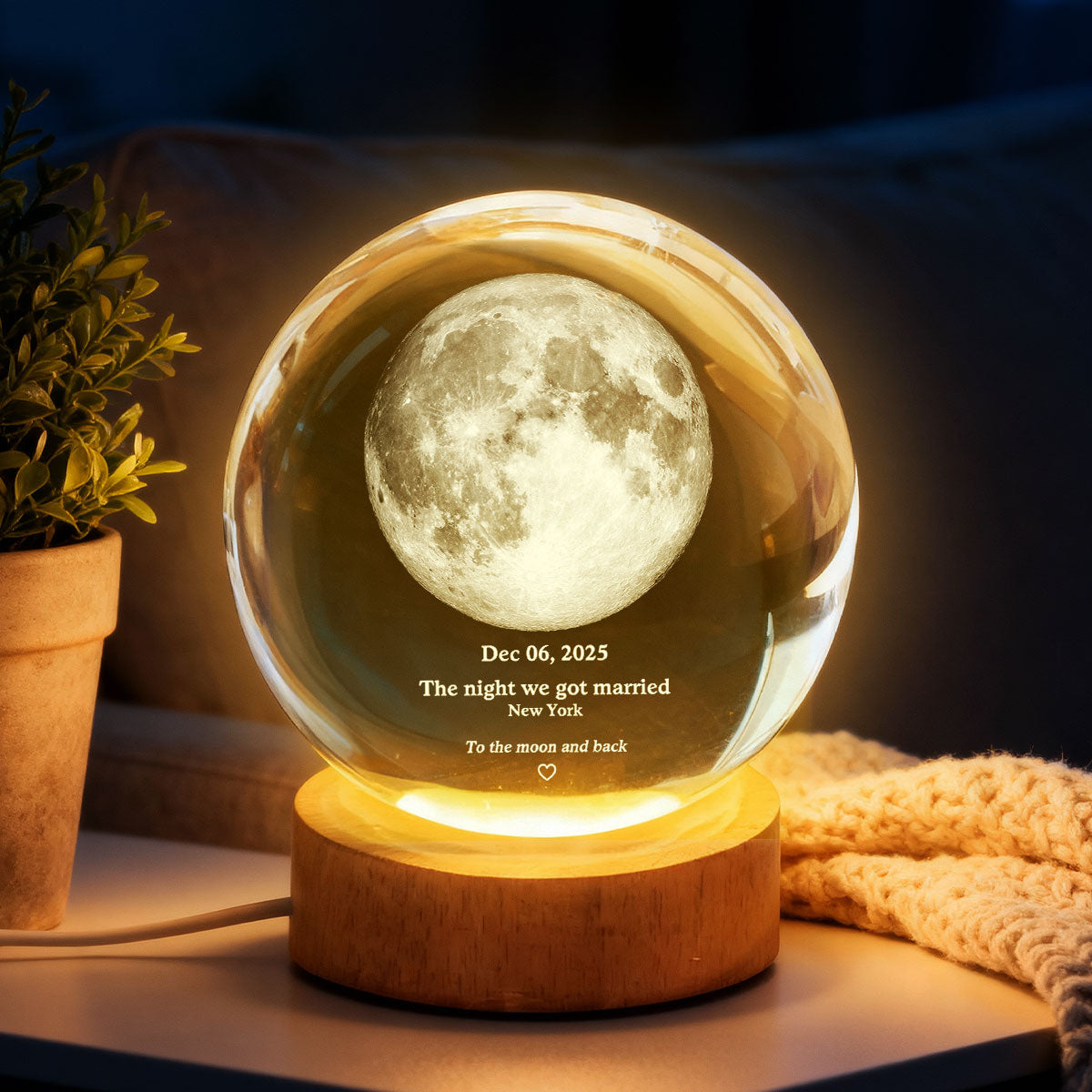 Couple Love to the Moon and Back Moon Phase by Date - Personalized Crystal Ball LED Night Light