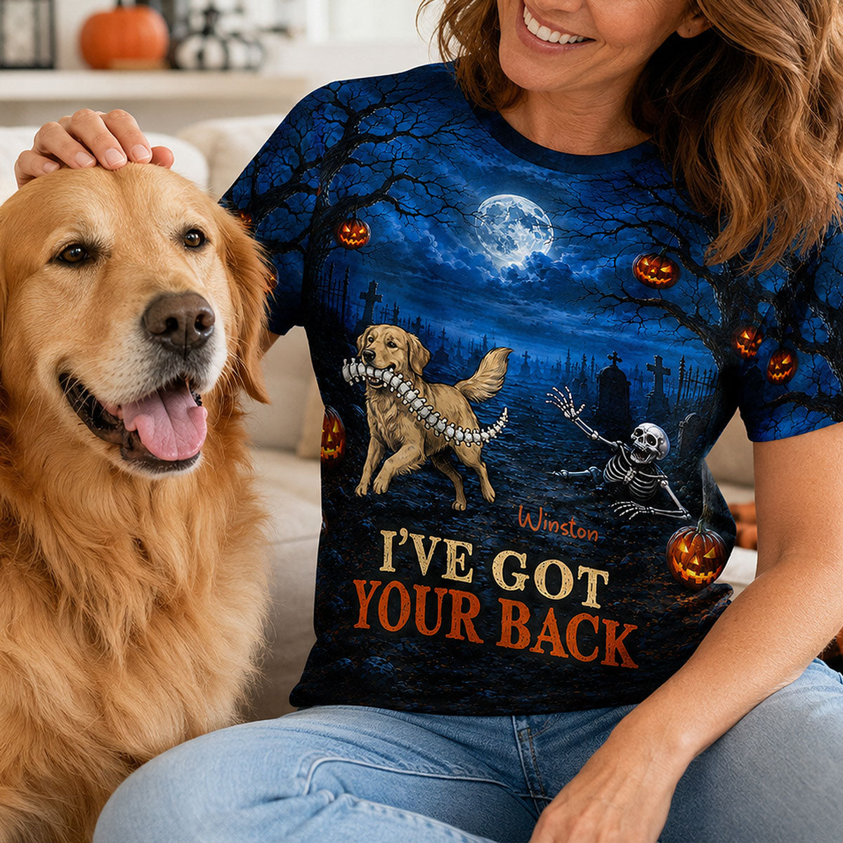 Whimsical Blue Theme I've Got Your Back Dog Stealing Backbone From Your Photo - Personalized 3D Shirt - Funny Halloween Costume For Dog Lovers