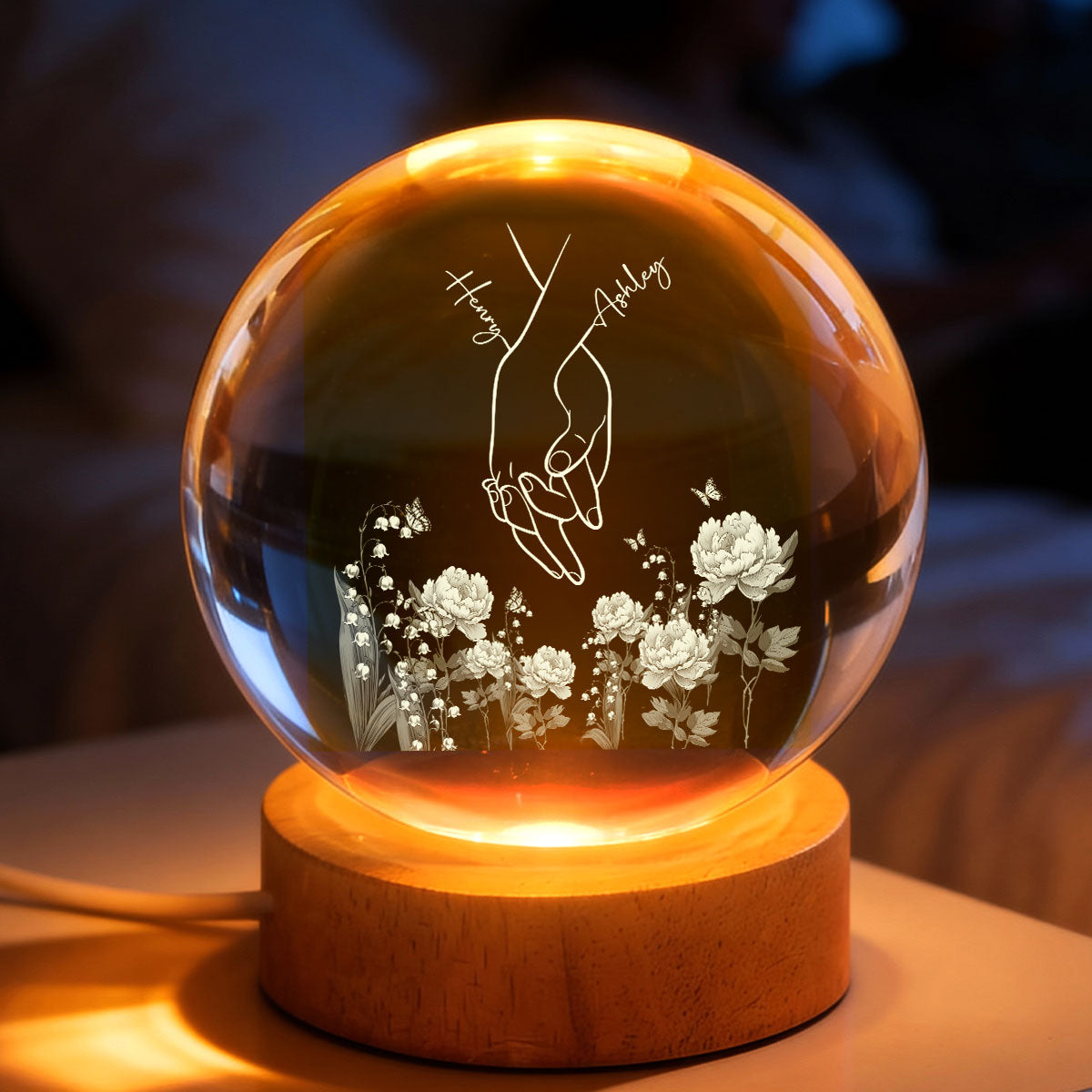 I Love You Couple Hand Print Birth Flower - Personalized Crystal Ball LED Night Light