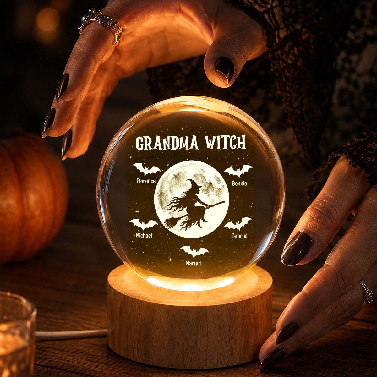 Grandma Witch With Kids Names - Personalized Crystal Ball LED Night Light