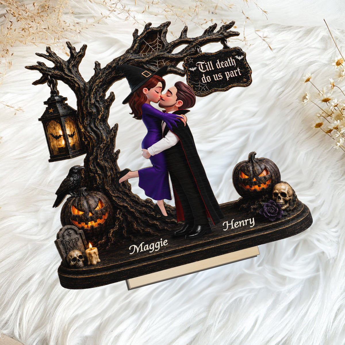 Couple Hugging Under Spooky Halloween Tree 2D Flat - Personalized 2-Layer Wooden Plaque - Tabletop Tier Tray Wicca Pagan Decor