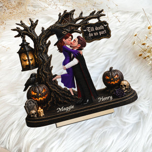 Couple Hugging Under Spooky Halloween Tree 2D Flat - Personalized 2-Layer Wooden Plaque - Tabletop Tier Tray Wicca Pagan Decor