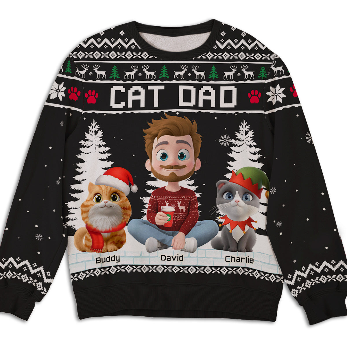 Happy Christmas With My Mom Dad Cartoon - Personalized All-Over-Print Sweatshirt