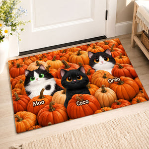 Fall Season Cute Cats Play In Pumpkin Patch - Personalized Doormat - Fall Decor For Cat Lovers