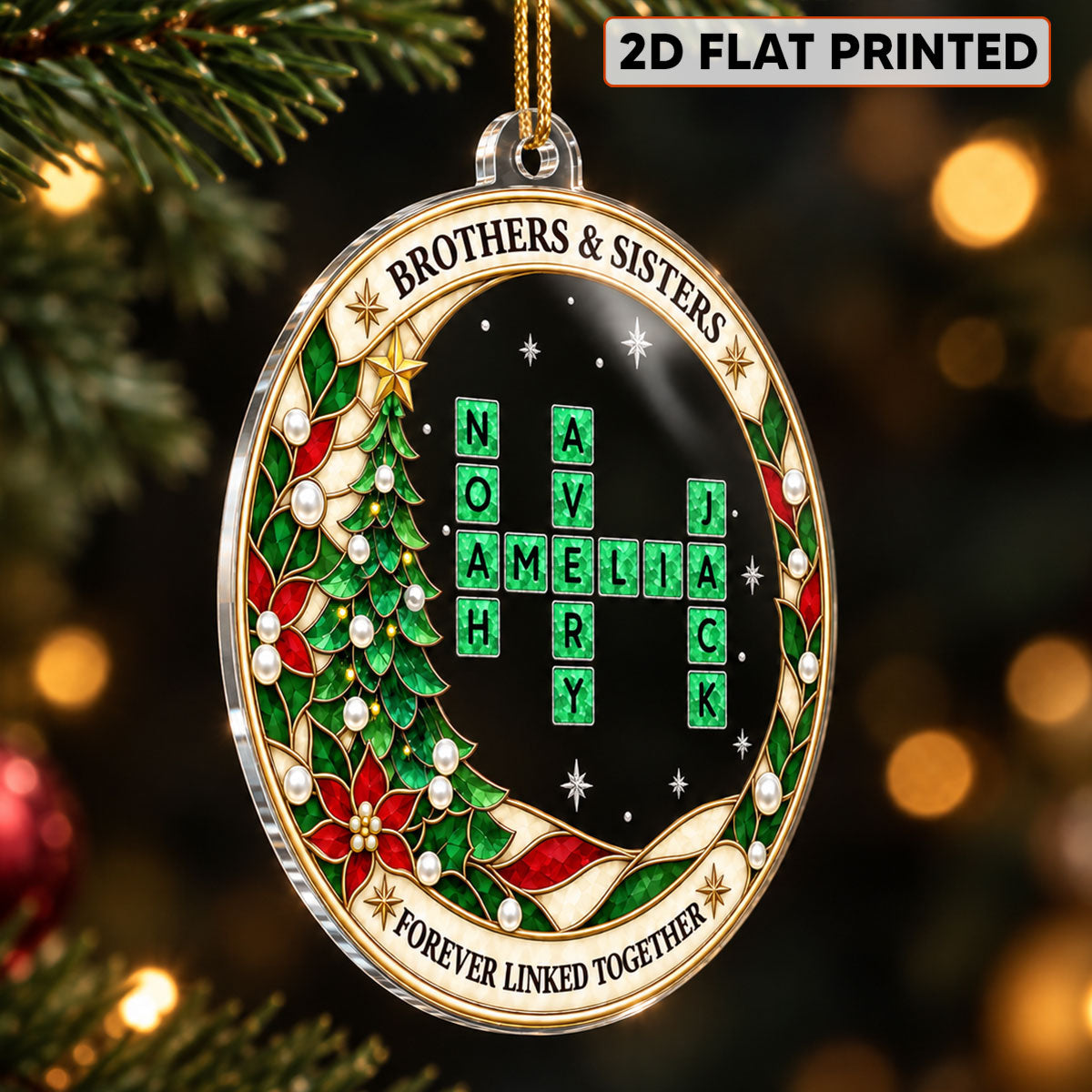 Christmas Tree Brothers & Sisters Forever Linked Together Crossword Custom Names - Personalized Acrylic Ornament
