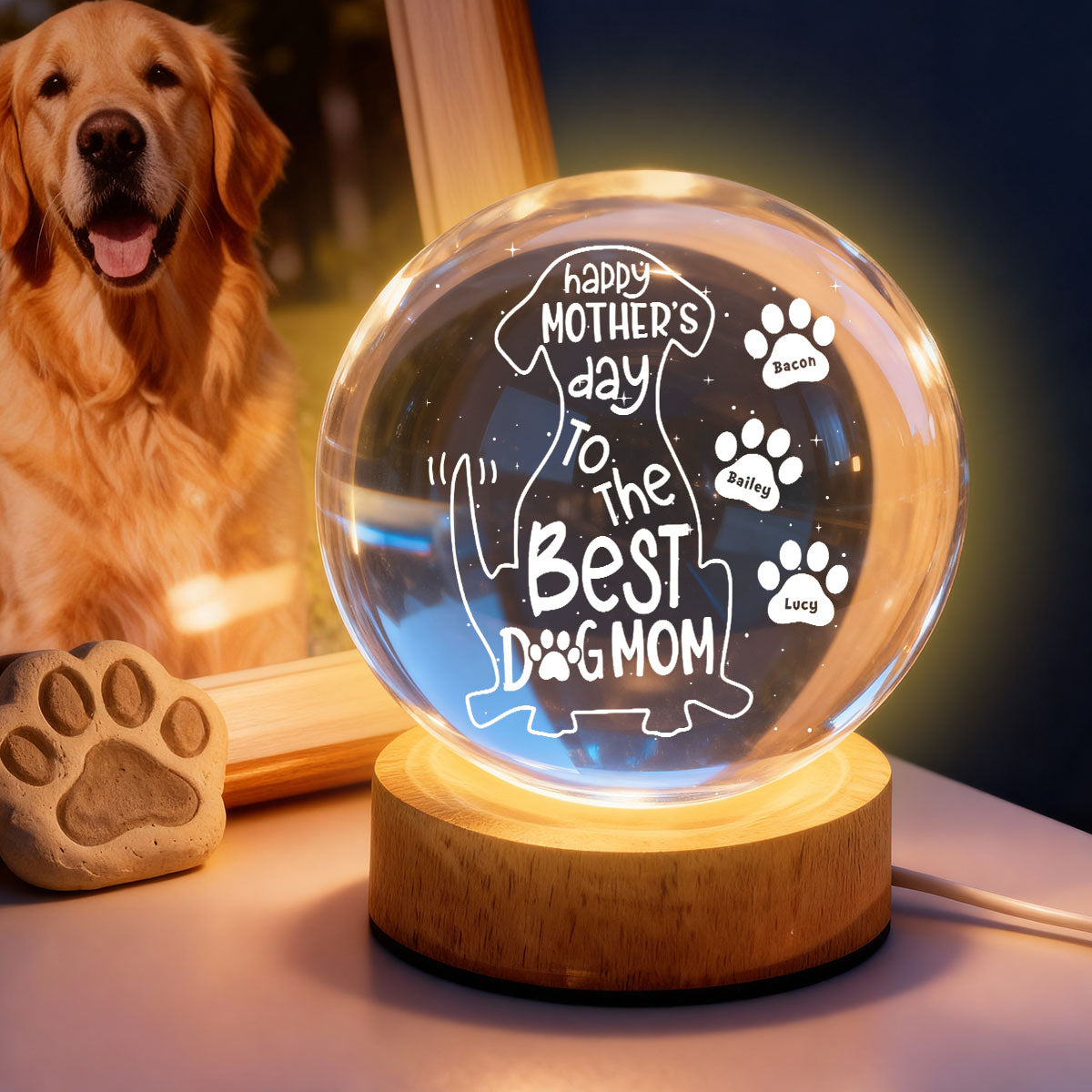 Happy Mother's Day Dog Mom - Personalized Crystal Ball LED Night Light