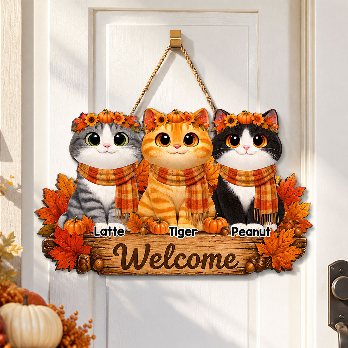 Fall Cats Welcome Personalized Door Sign