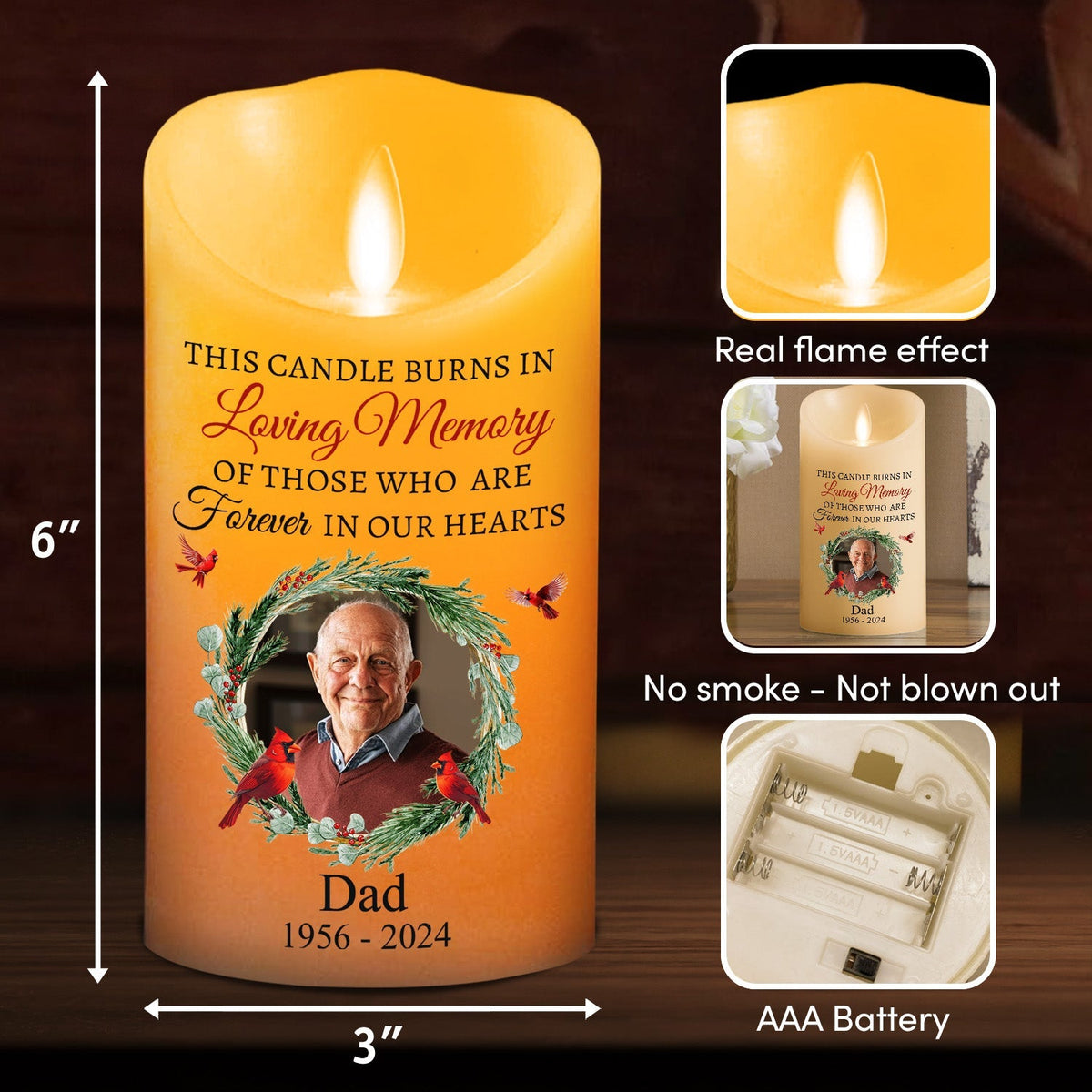 Burns In Loving Memory personalized LED memorial candle