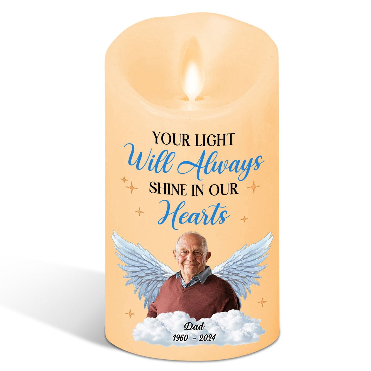 Your Light Will Always Shine In Our Hearts personalized LED memorial candle