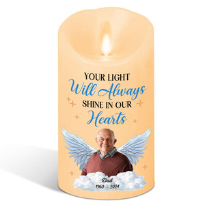 Your Light Will Always Shine In Our Hearts personalized LED memorial candle