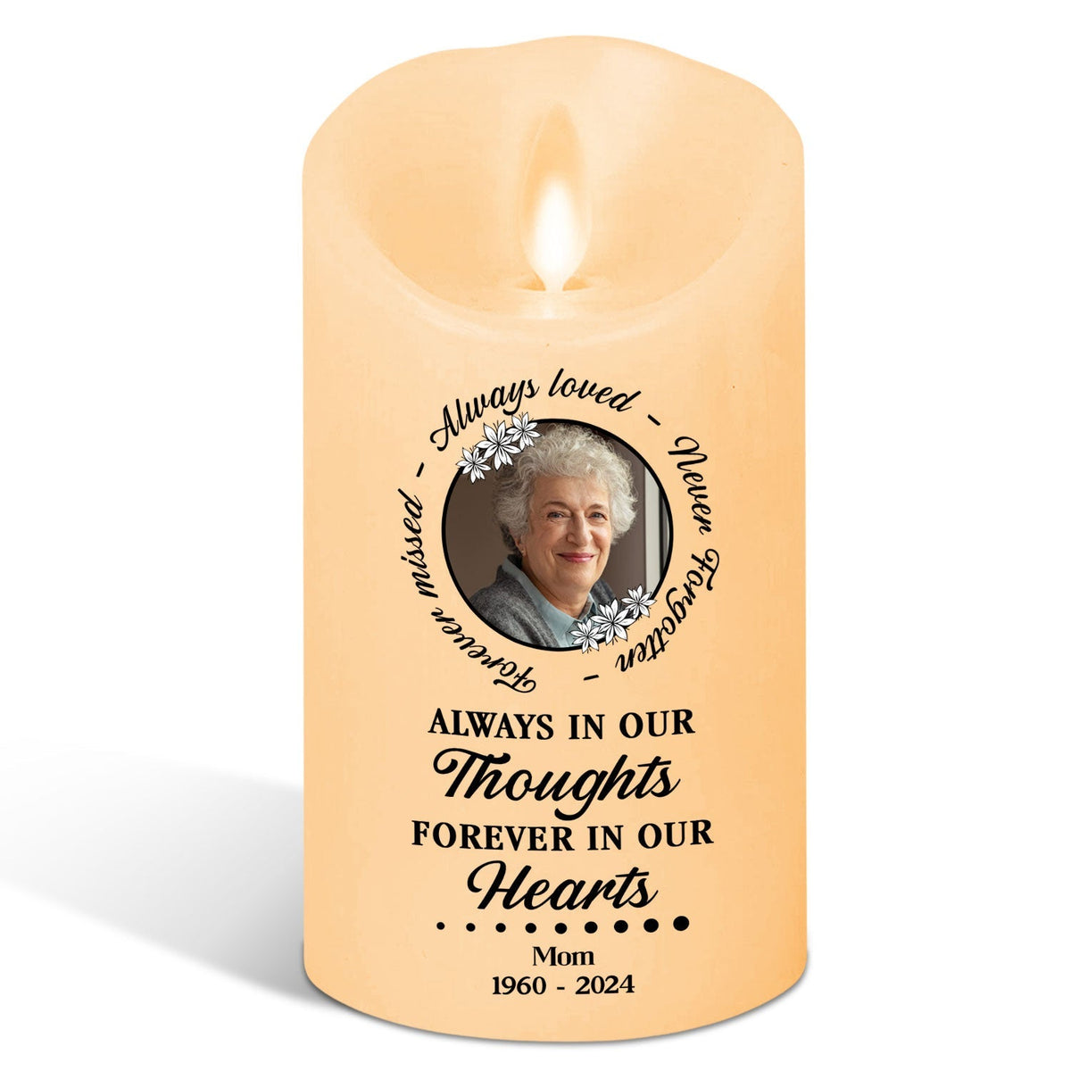 Always In Our Thoughts personalized LED memorial candle