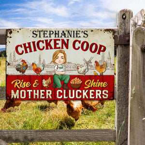Personalized chicken coop metal sign on a farm fence