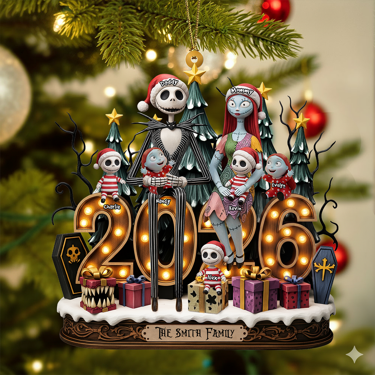 Spooky Family Ornament hanging on Christmas tree