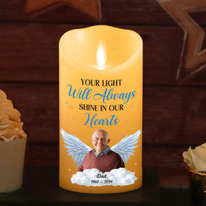 Your Light Will Always Shine In Our Hearts personalized LED memorial candle