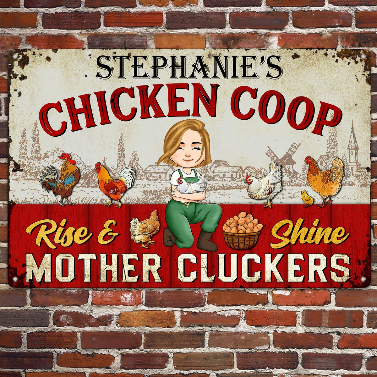 Personalized chicken coop metal sign on a brick wall