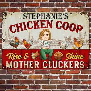 Personalized chicken coop metal sign on a brick wall