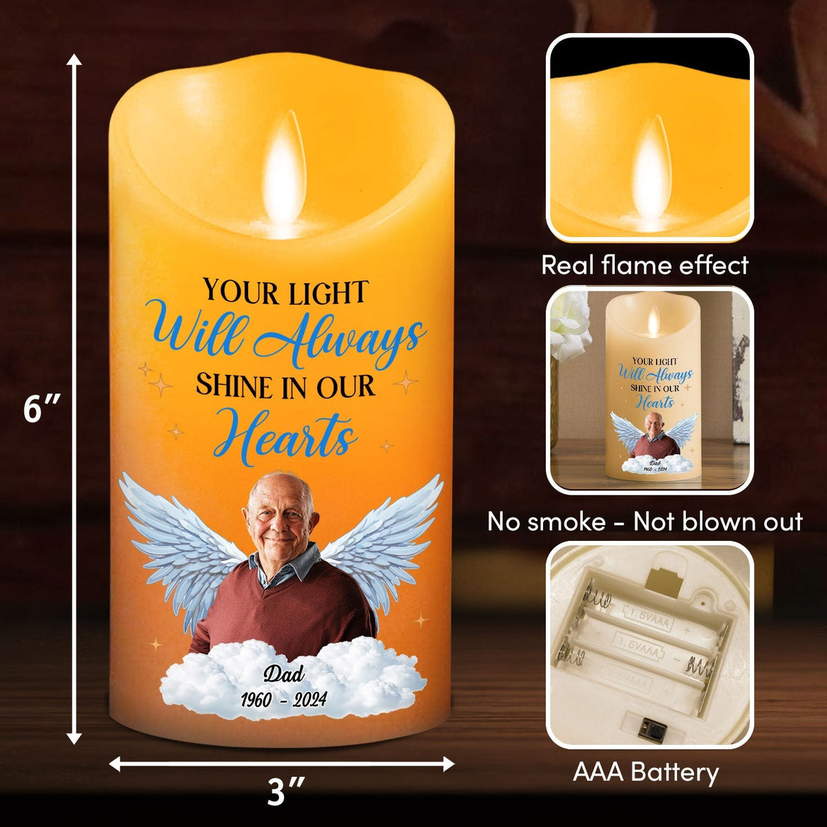 Your Light Will Always Shine In Our Hearts personalized LED memorial candle