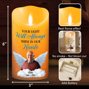 Your Light Will Always Shine In Our Hearts personalized LED memorial candle