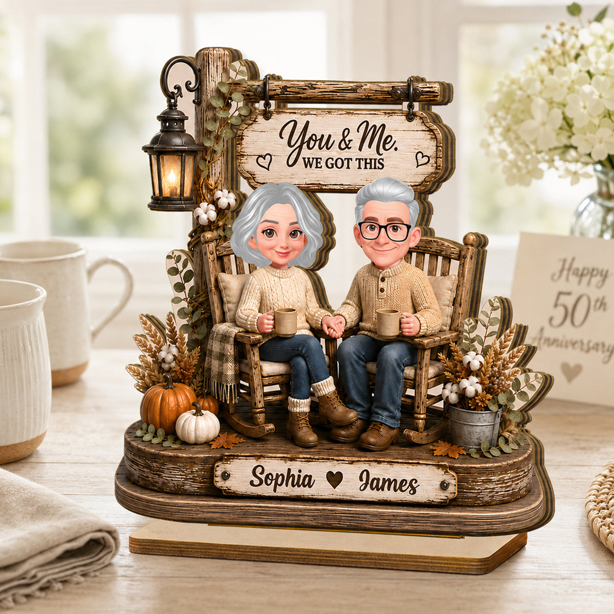 Husband Wife Sitting on Rocking Chair - Personalized 2-Layered Wooden Plaque