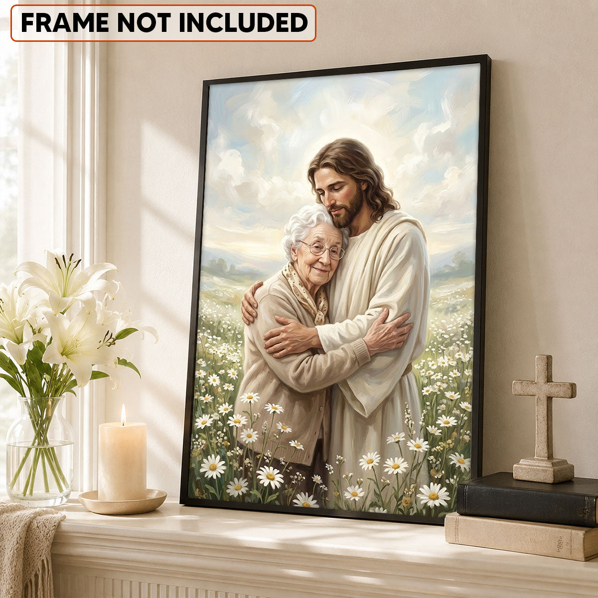 Safe In His Arms personalized poster on a shelf