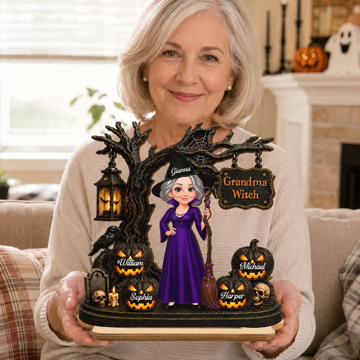 Grandma Witch With Grandkids Jack-O’-Lanterns - Personalized Wooden Plaque - Spooky Halloween Gift For Grandma