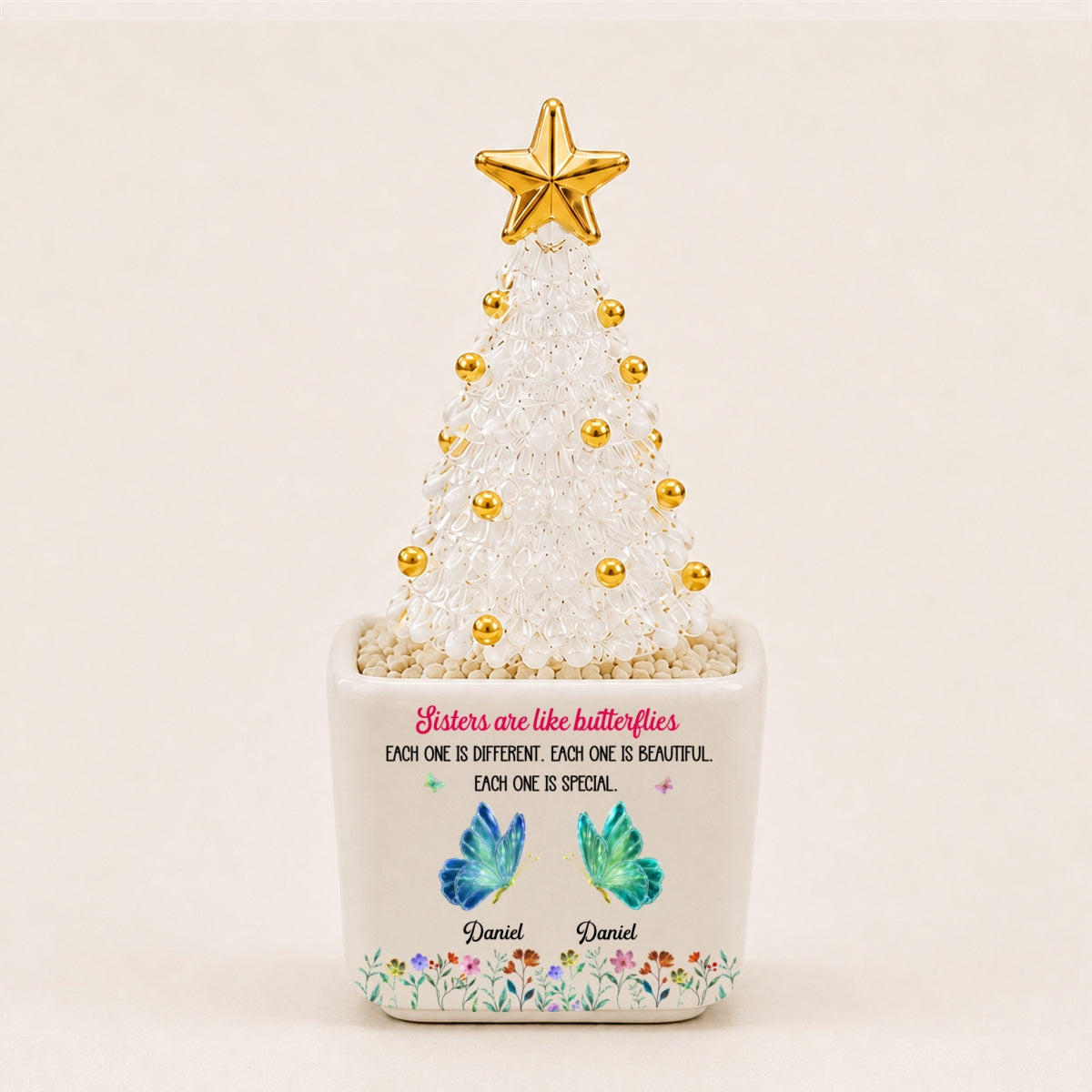 Festive Sister Love Personalized Glass Christmas Tree Yellow