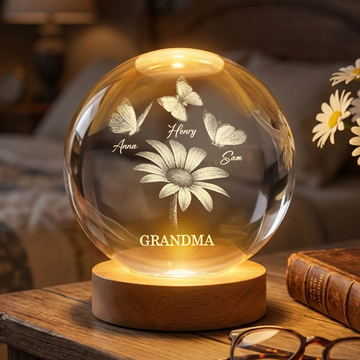 Daisy Flower Butterflies Grandma Grandkids - Personalized Crystal Ball LED Night Light
