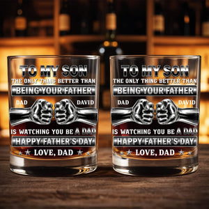 To My Son Better Than Being Your Father Fist Bump Design - Personalized Custom Whiskey Glass - SON143_RWG
