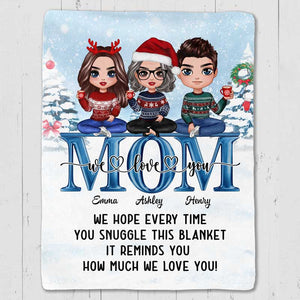 Doll Mom Children Sitting On Word In Snow For Mom Personalized Blanket