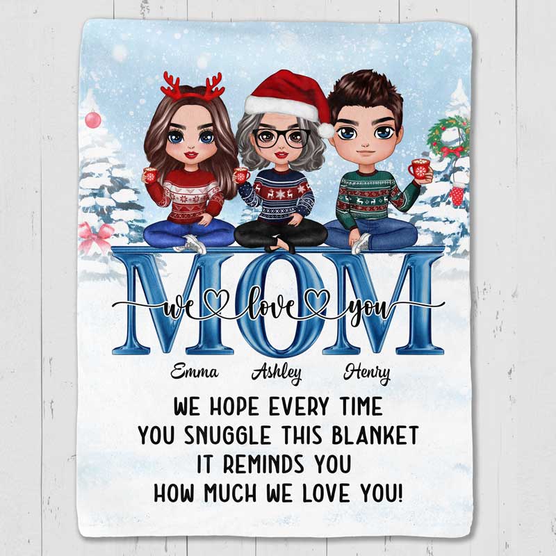 Doll Mom Children Sitting On Word In Snow For Mom Personalized Blanket