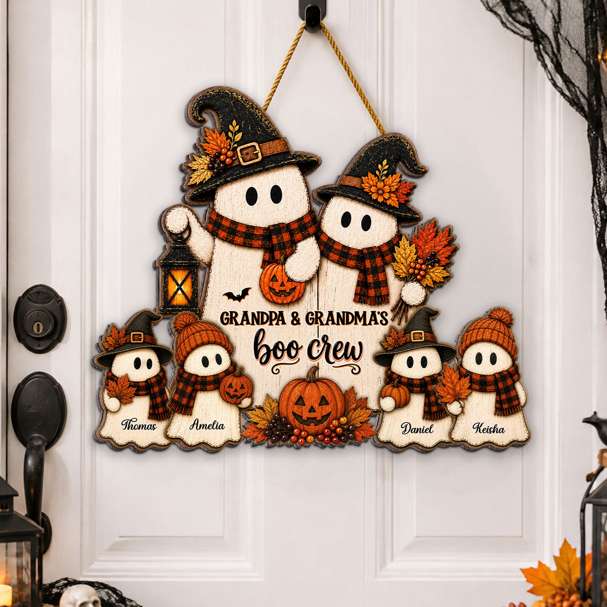 Vintage Retro Fall Halloween Grandma Grandpa's Boo Crew Personalized Wood Sign