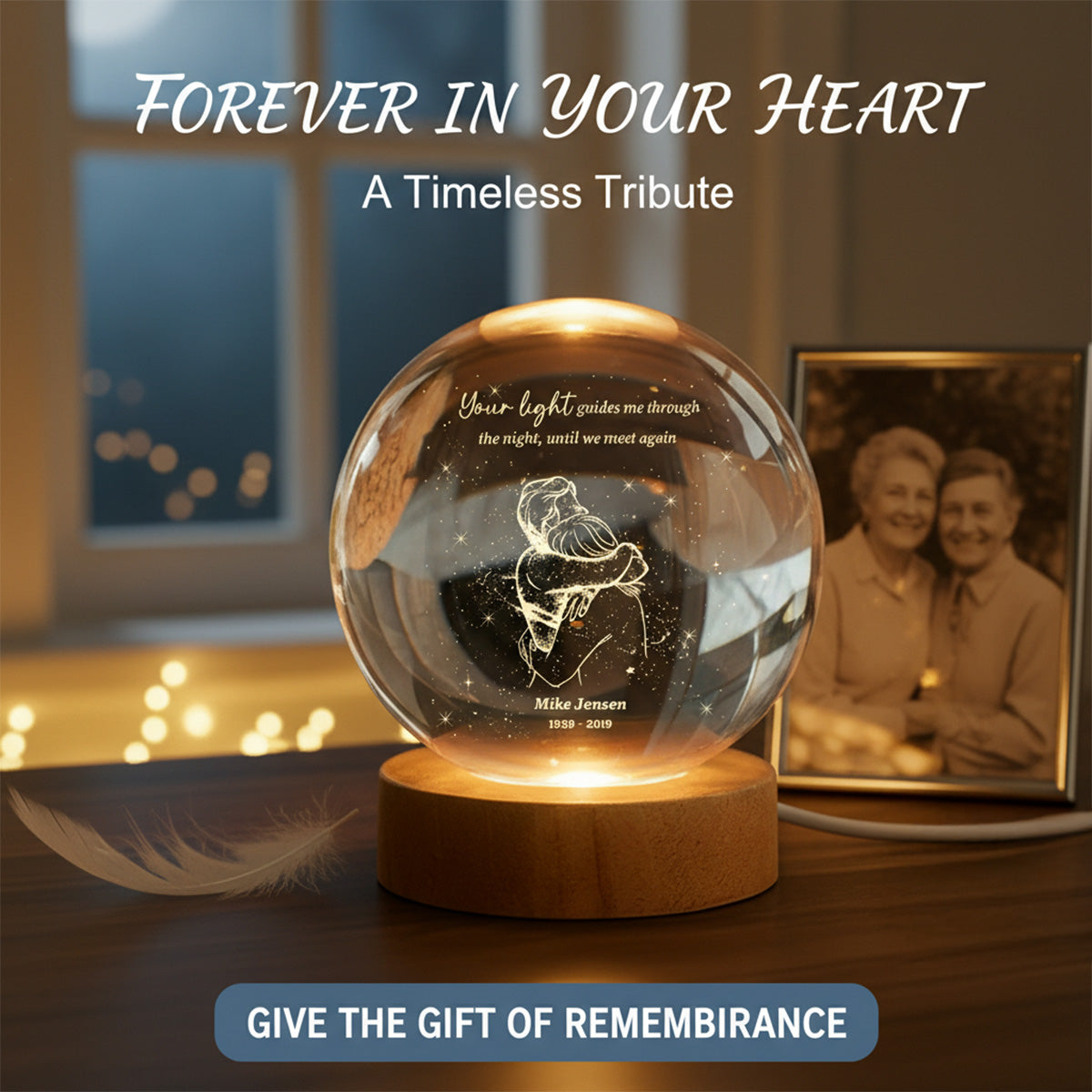 A Piece Of My Heart Lives in Heaven Couple Hugging - Personalized Crystal Ball LED Night Light