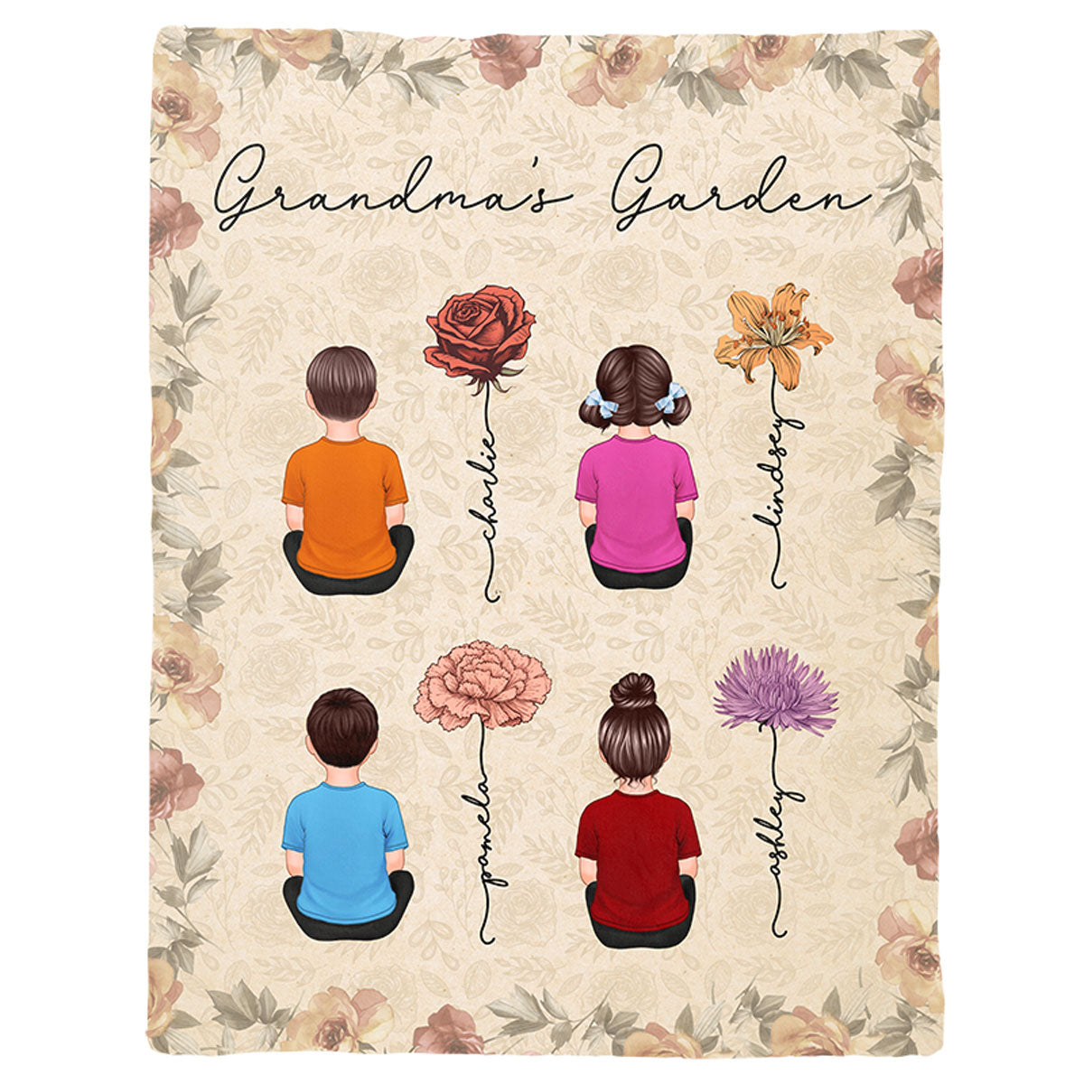 Grandkids Sitting Grandma Garden Vintage Birth Month Flowers - Personalized Fleece Blanket