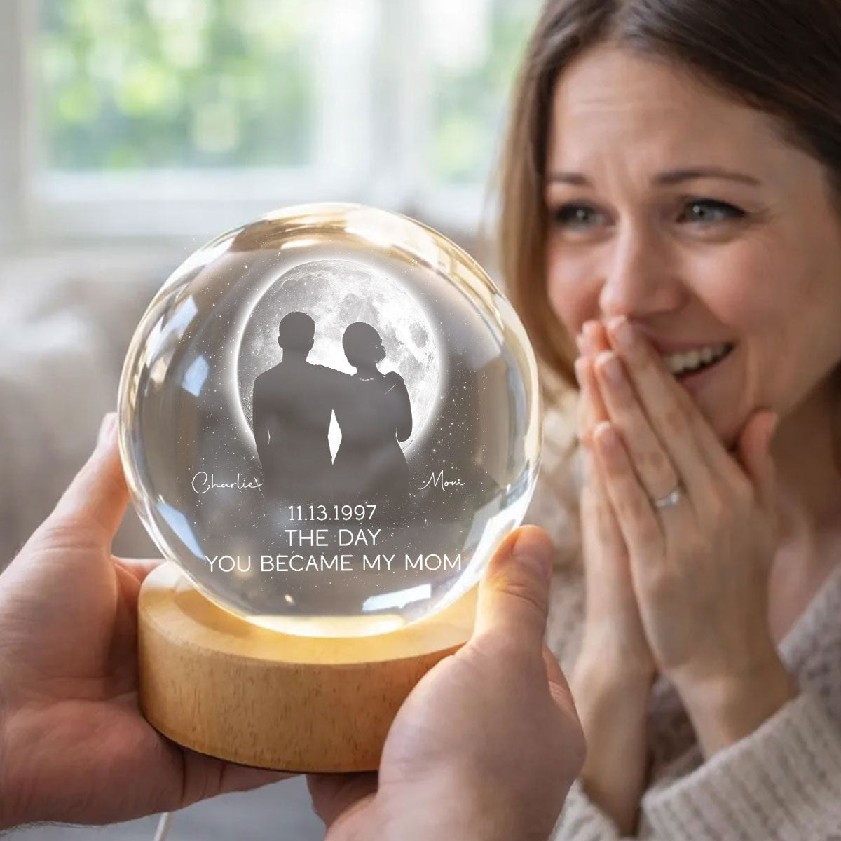 The Day You Became My Mom, Custom Moon Phase by Date - Personalized Crystal Ball LED Night Light