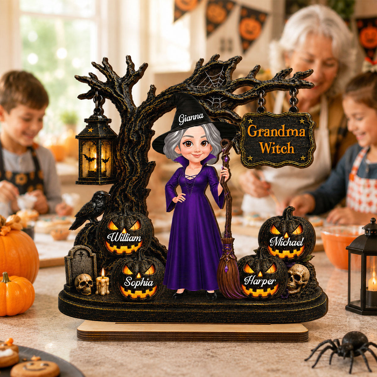 Grandma Witch With Grandkids Jack-O’-Lanterns - Personalized Wooden Plaque - Spooky Halloween Gift For Grandma