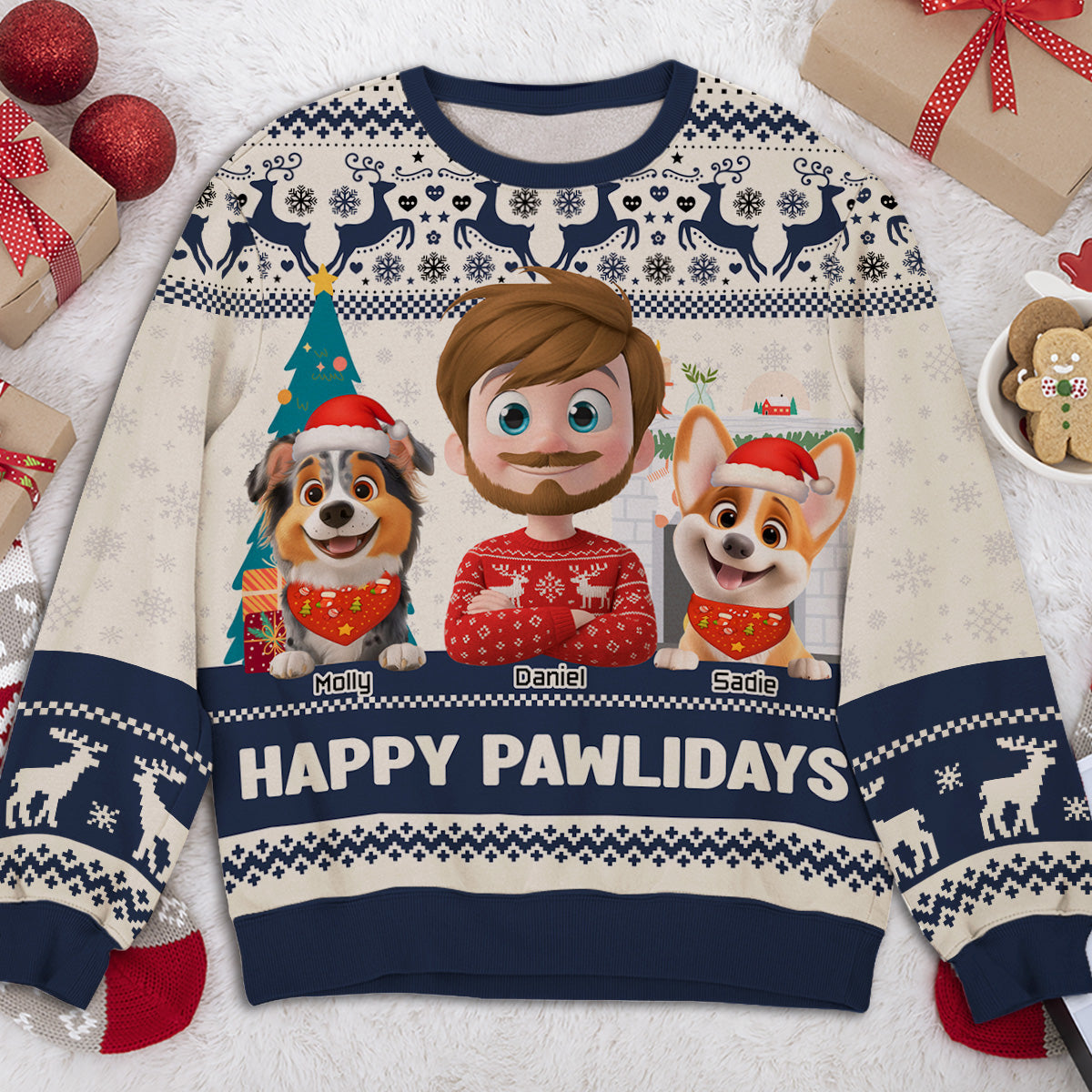 Happy Pawlidays To You Cartoon Version 2 - Personalized All-Over-Print Sweatshirt